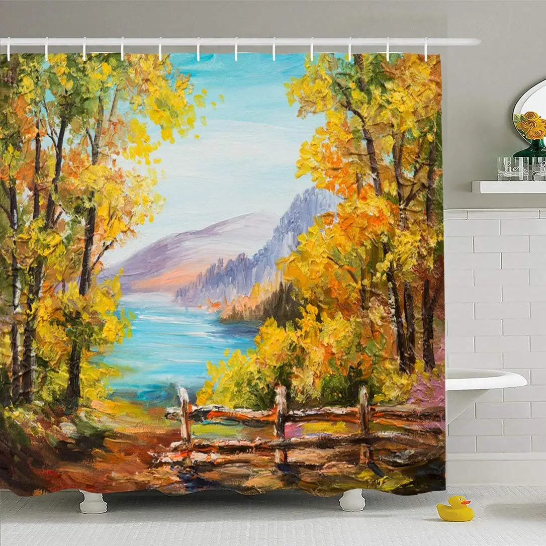 

Shower Curtain Set with Hooks 72x72 Artistic Artist Abstract Lake Oil Painting Landscape Colorful Autumn Brush Forest Blue