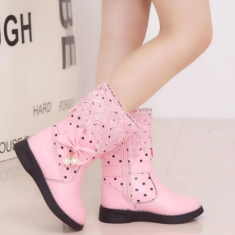 

New Autumn Winter Kids Boots for Girls Lace Bow High Boots with Fur Plush Children Princess Snow Boots Girls Dress Shoes