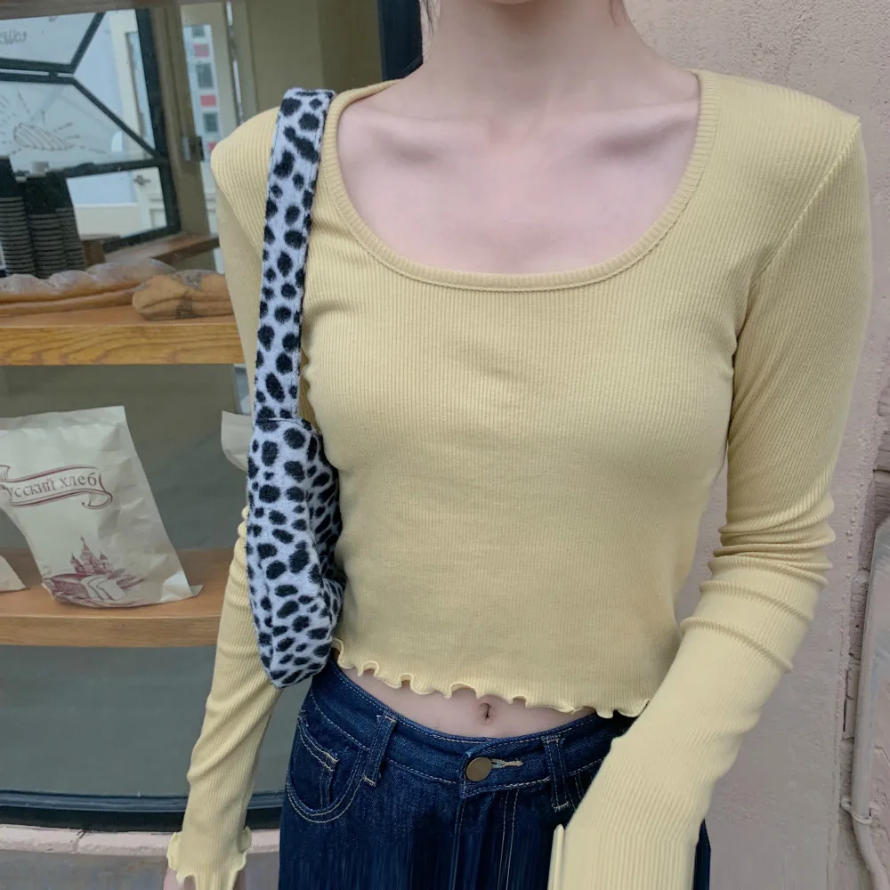 Women Spring Long Sleeve Elastic Slim Basic Tshirt Brief Solid Color