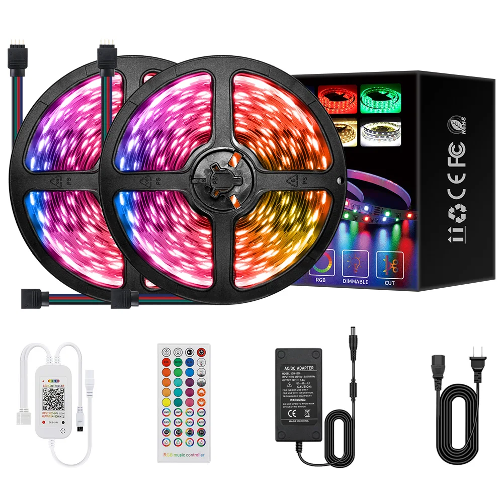 

LED Strip Light Kit,2 rolls total 10m,Type 5050 have control with music,60 Leds/M,Flexible RGB Led Lighting Stripe,