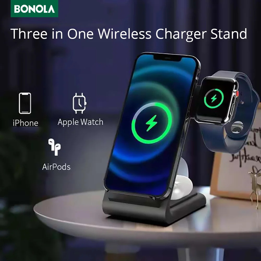 BONOLA 3 in 1 Fast Wireless Charger Foldable For iPhone12/11 Pro X XR 8 Plus Chargers for iWatch 6/Airpods Pro Wireless Charging
