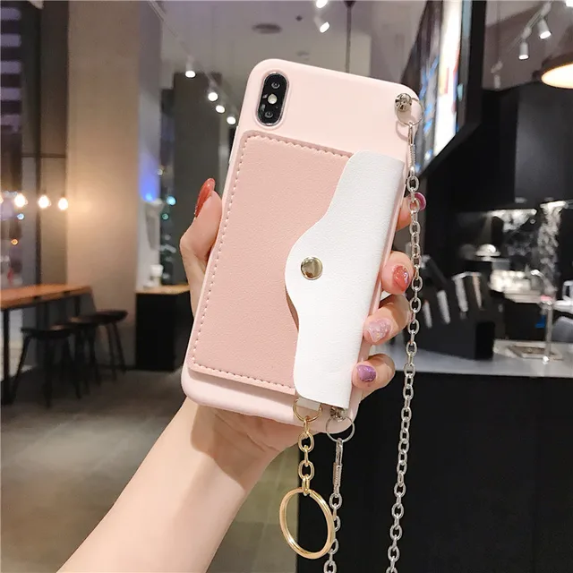 Silver Chain Lanyard Crossbody With Card Pocket Candy Case For Samsung Galaxy A51 A71 A42 A12 5G S20 Fen Edition S20 Ultra Plus Pink