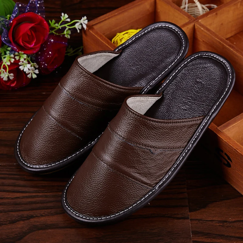 Plus Size 39-44 Genuine Leather Spring And Autumn Home Slippers Non-Slip Thick Solid Color House Shoes Sewing Thread Men Slipper Plus Size 39-44 Genuine Leather Spring And Autumn Home Slippers Non-Slip Thick Solid Color House Shoes Sewing Thread Men Slipper