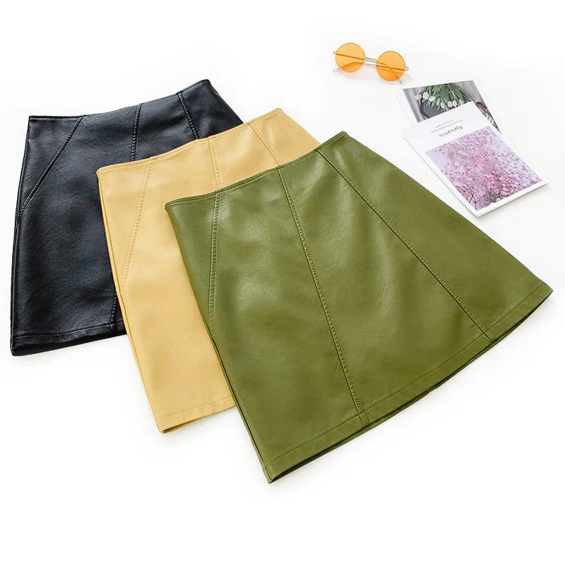 Осенняя универсальная мини-юбка выше колена в стиле ампир короткий узкий из искусственной кожи