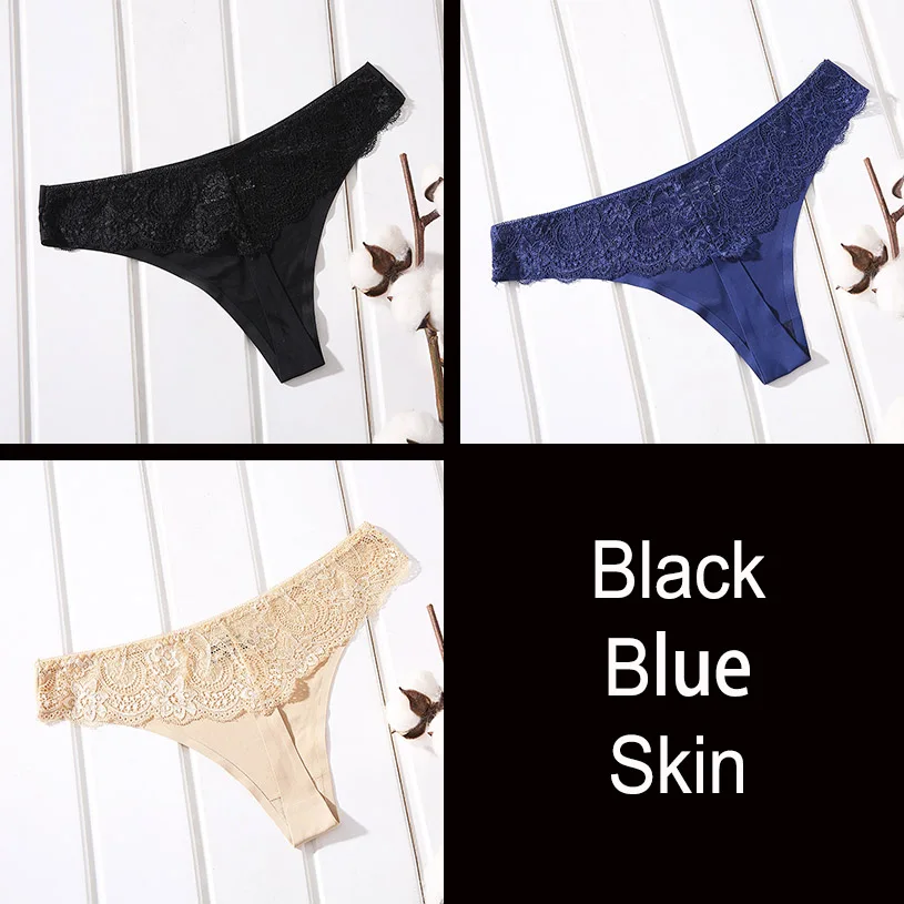 Black Blue Apricot 3 шт. / Лот Бесшовные Ice Silk Ткань Женские Трусики Сексуальные Кружевные T Трусики Женские Стринги DULASI - Цвет: Black Blue Apricot