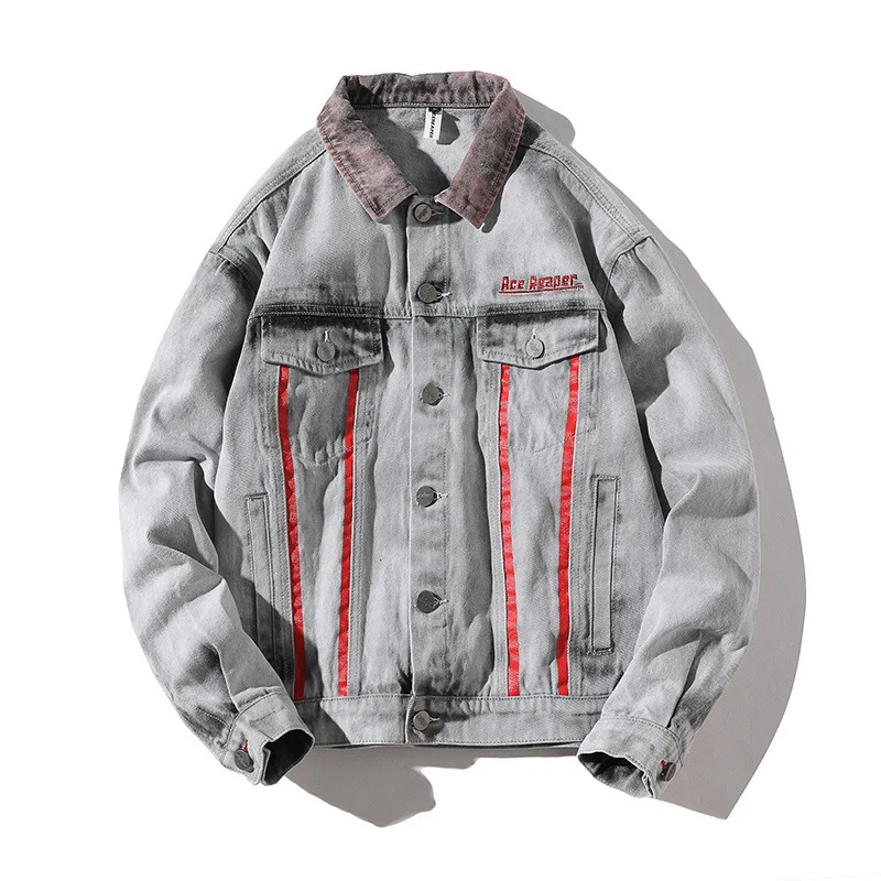 

ACE Reaper National Trends Origional Red Stripe Joint Fold-down Collar Men's Denim Jacket Japanese-style Men's Coat Fashion