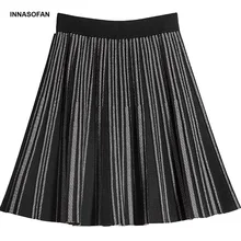 INNASOFAN knitted mini skirt Women's Autumn-winter pleated striped high waist skirt Fashionable high-end chic skirt
