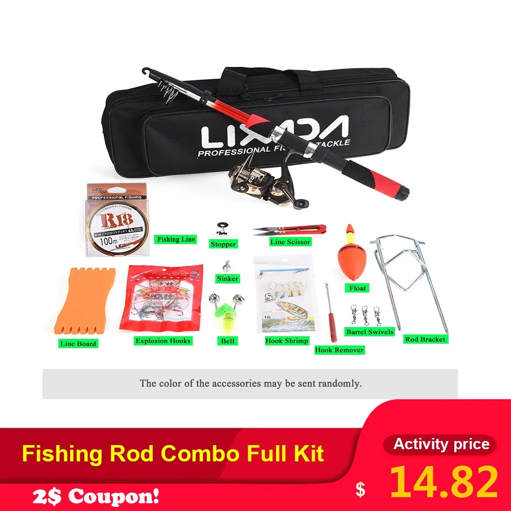 Lixada Telescopic Fishing Rod Combo Full Kit Fishing Kits Set Spinning Fish Reel Baits Hooks Fishing Bag Kit