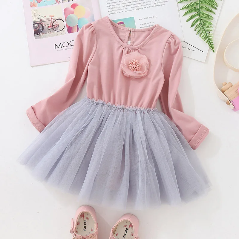 

1-4Y Casual Dress Baby Girls Floral Design Long Sleeve Kids Princess Patchwork Mesh Dresses