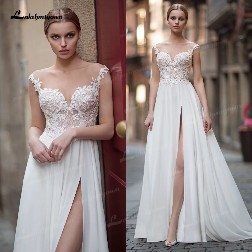 

Sexy Beach Wedding Dress with Side Split Top Lace Boho Bride Dress Appliques Chiffon Wedding Gown Custom Made vestido de noiva