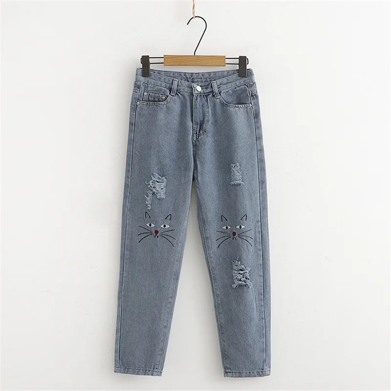 OMIKRON New Women Boyfriend High Waist Jeans Woman Plus Size Denim Jeans Cute Cat Embroidery Pencil Pants Push Up Jeans Femme