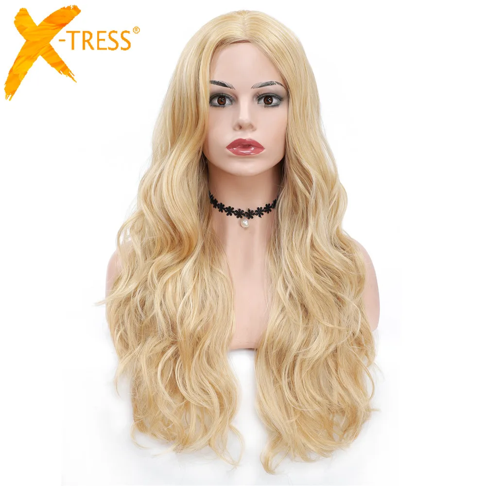 

X-TRESS Blonde Colored Wigs Long Wavy Synthetic Machine Made Wig For Women Middle Parting Cute Cosplay Hairstyle Body Wave Wigs