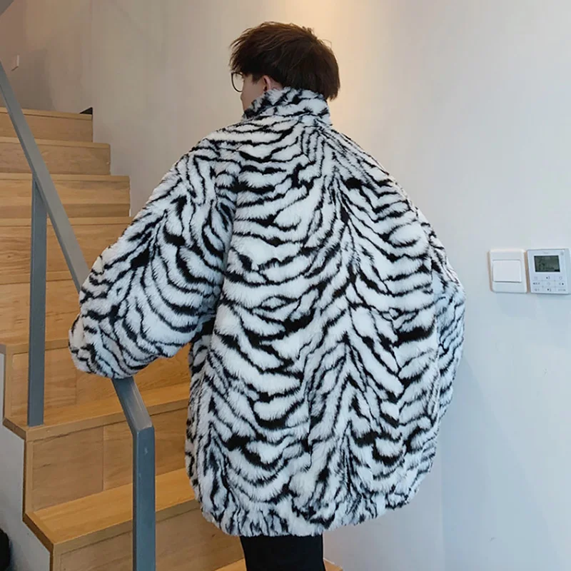 Male Leopard Print Faux Fur Coat Casual Loose Retro Furry Zipper Jacket Charming Lapel Streetwear Winter Warm Pockets Parka