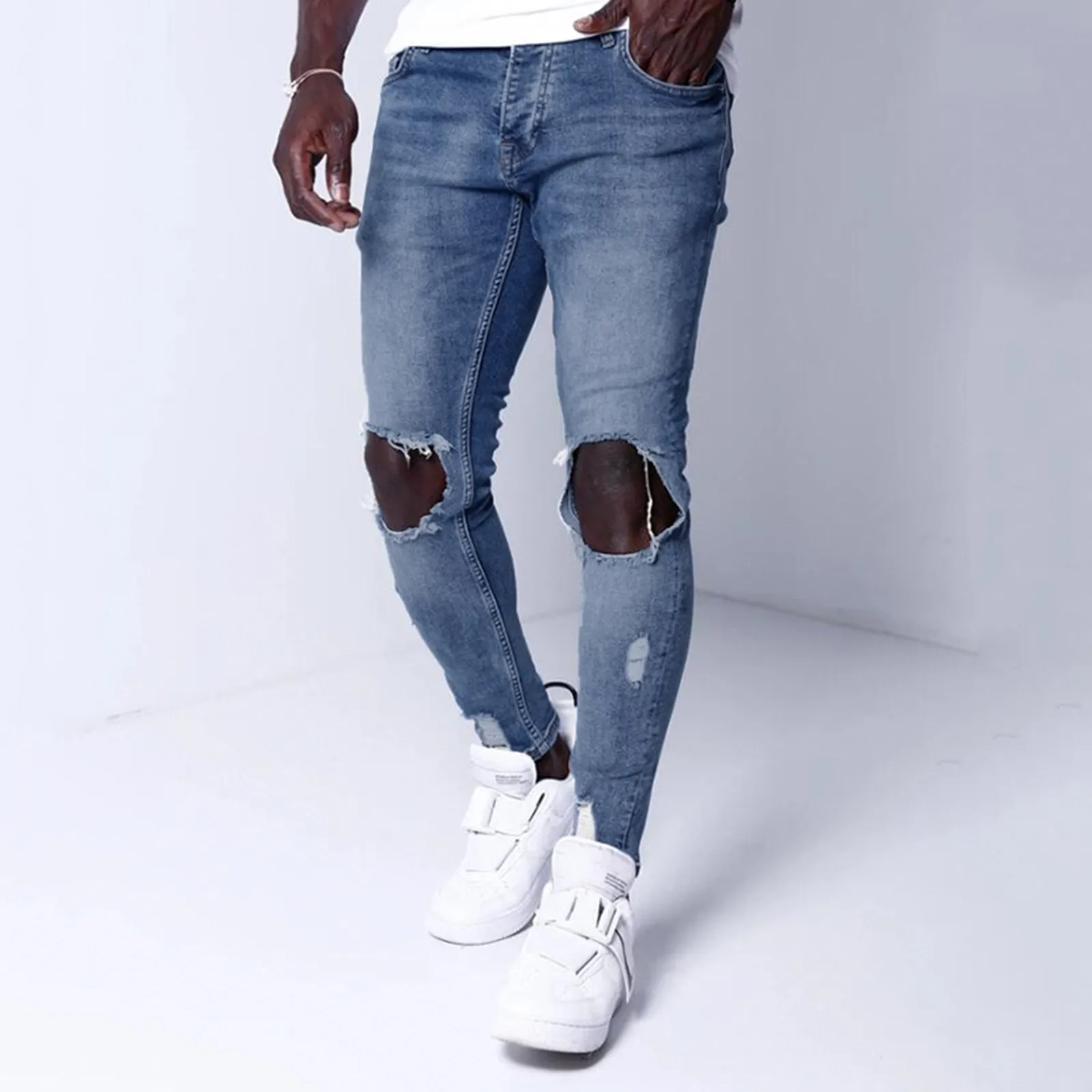 Mens Summer Casual Bodybuilding Pocket Denim Pants Fashion Break Casual Hole Sports Full Length Pants Moletom Masculino 1