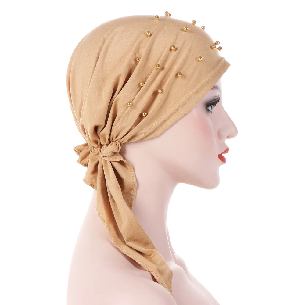 Women Fashion Pure Color Headwear Beaded Stretch Muslim Turban Headscarf Women Head Wrap Hair Loss Scarf Cover hats