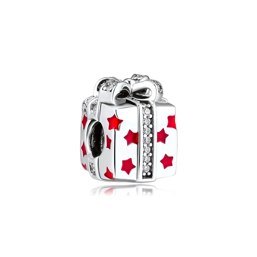 Подходит для браслетов Pandora, сверкающих звездочек, бусин с красной эмалью, 925 пробы-серебро-ювелирные изделия