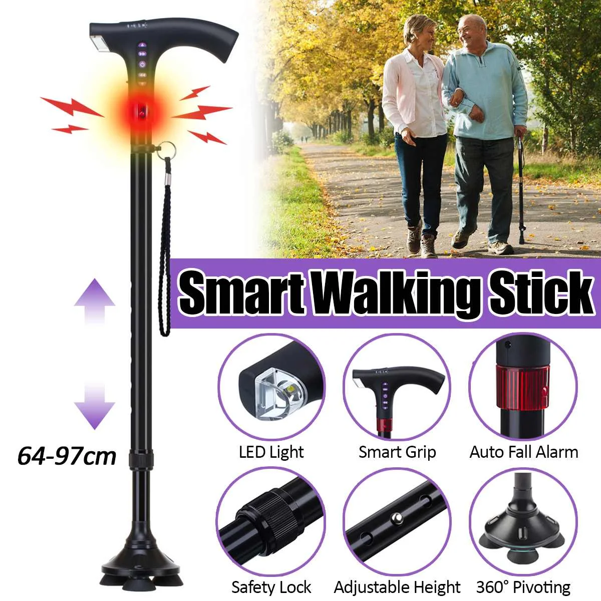 Adjustable Telescopic Smart Canes MP3 Walking Sticks with Led Light