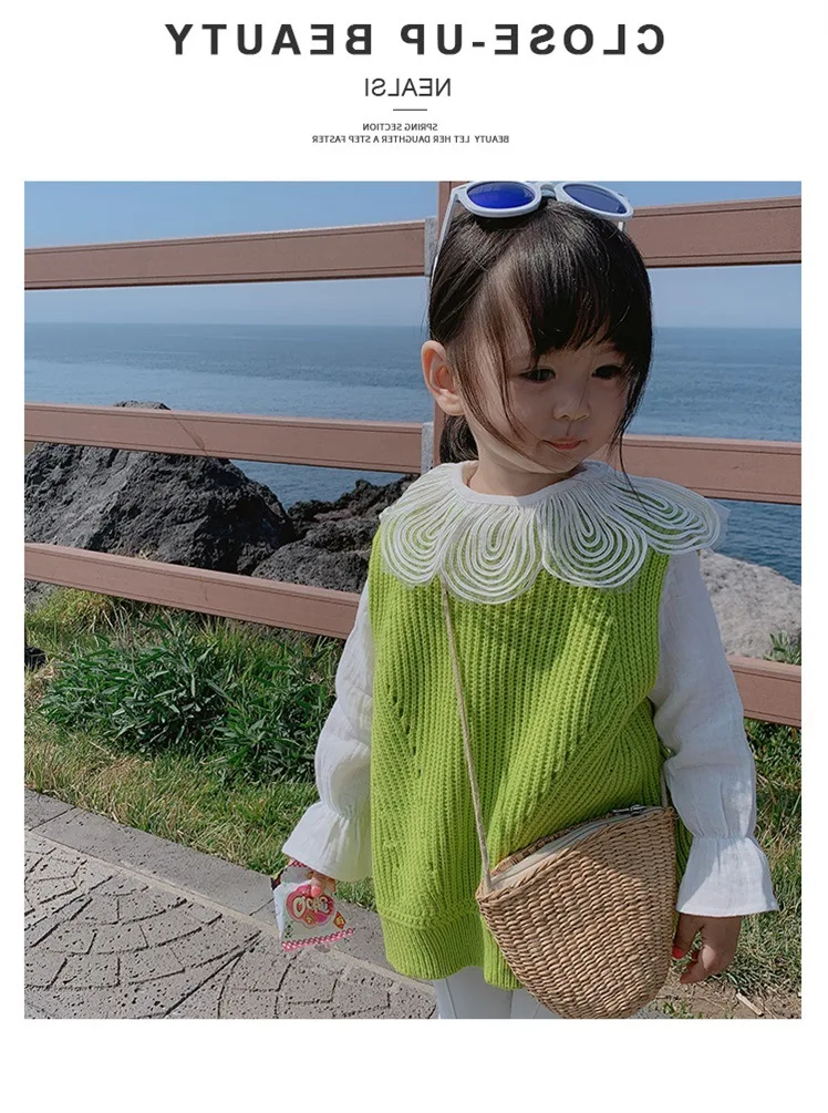 Вязаный жилет в Корейском стиле для девочек, осенняя одежда для малышей, стильный детский трикотажный жилет, тонкий свитер