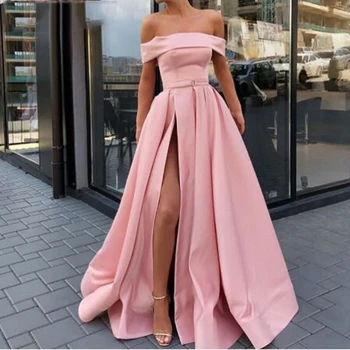 

Strapless Pink Pleat Off-shoulder A-line Evening Dresses Simple Sleeveless Floor Length High Slit Prom Gown robe de soiree