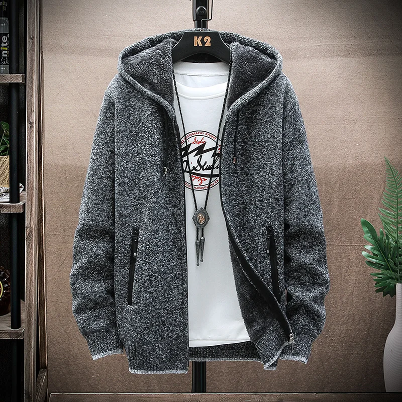 Men Clothes Fleece Sweaters Zipper Cardigan Fashion Solid Color Jacket Slim Smart Casual Men Cardigan