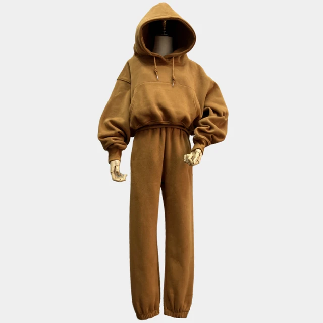 Hoodies Suit Winter Spring Solid Casual Tracksuit Women Fleece 2 Pieces Set Sports Sweatshirts Pullover Home Sweatpants Outfits Brown