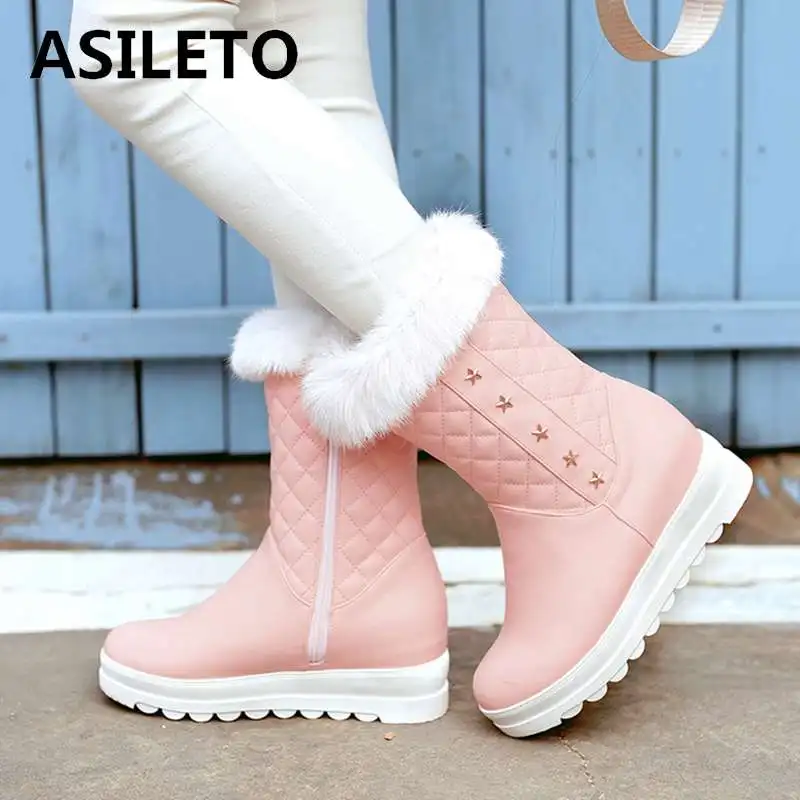 

ASILETO big size 33-43 womens winter snow boots round toe platform ankle boots zipper botas heigth increase boras booties bottes