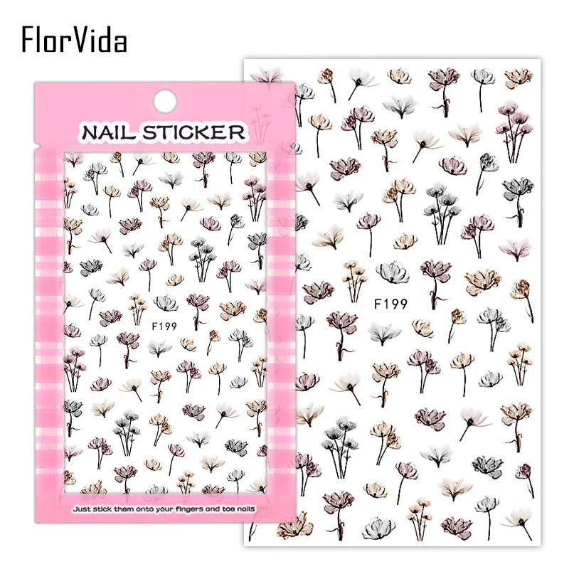 FlorVida F189-206 наклейки для ногтей цветок Одуванчик узор черный золотой переводной дизайн для маникюра ногтей
