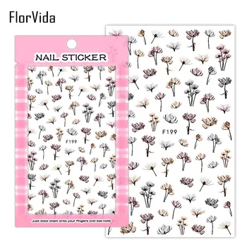 

FlorVida F189-206 Sticking Stickers For Nails Flower Dandelion Pattern Black Golden Word Transfer Design For Manicure Nail Art