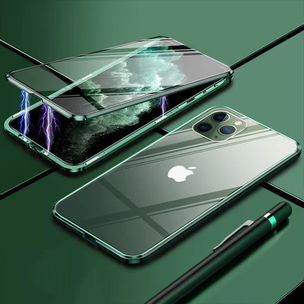Dark Green Металлический бампер чехол из закаленного стекла для iPhone 7 11 Pro Max 8 X XS MAX XR 6S Plus Магнитный чехол для телефона USB Кабель зарядного устройства для iPhone - Цвет: Dark Green