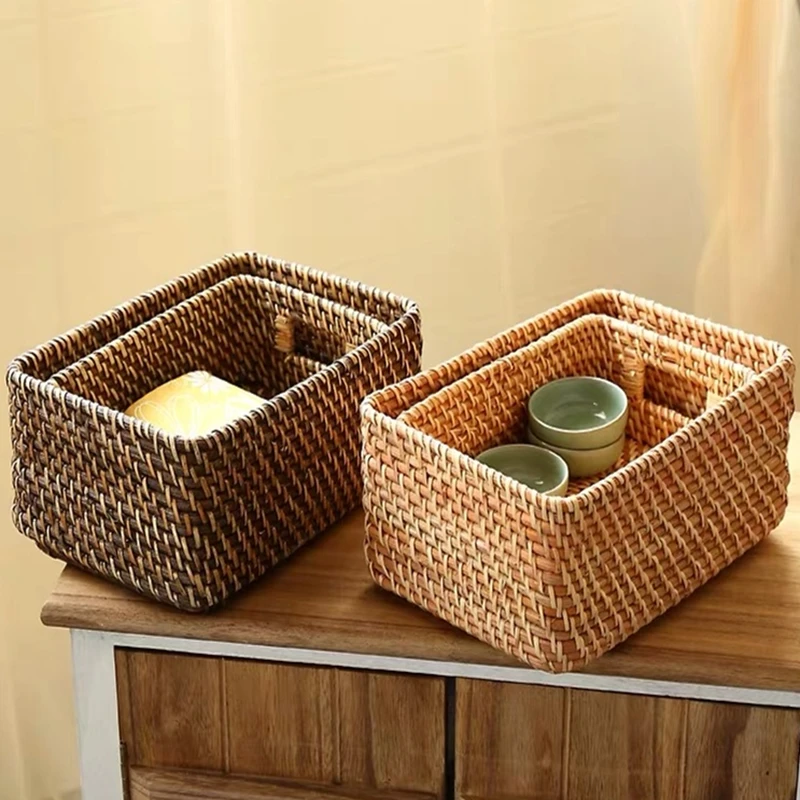 Tabletop storage basket handmade rattan woven sundry tableware tea set storage basket restaurant interior home decoration