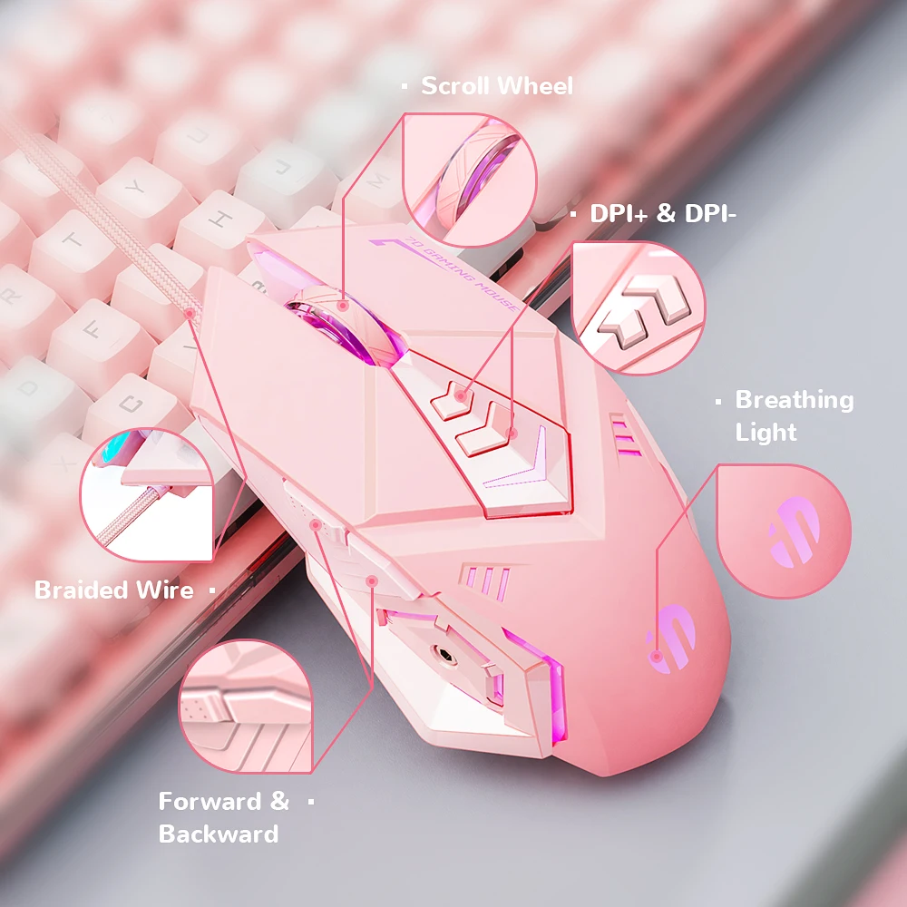 Wired USB Gaming Mouse Pink Mute RGB Gamer 7 Buttons Mice Optical Office Computer Mouse For Desktop Laptop Ergonomic Game Mouse 4