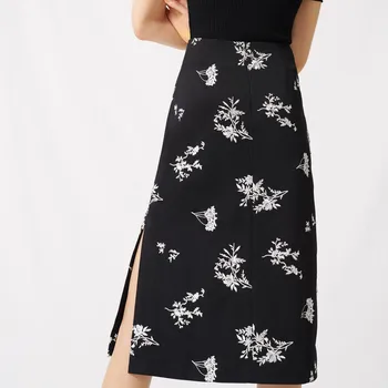 

2020 Spring New High Waist Mid-Cald Skirt Women Laurel Embroidery Pattern Split Skirts