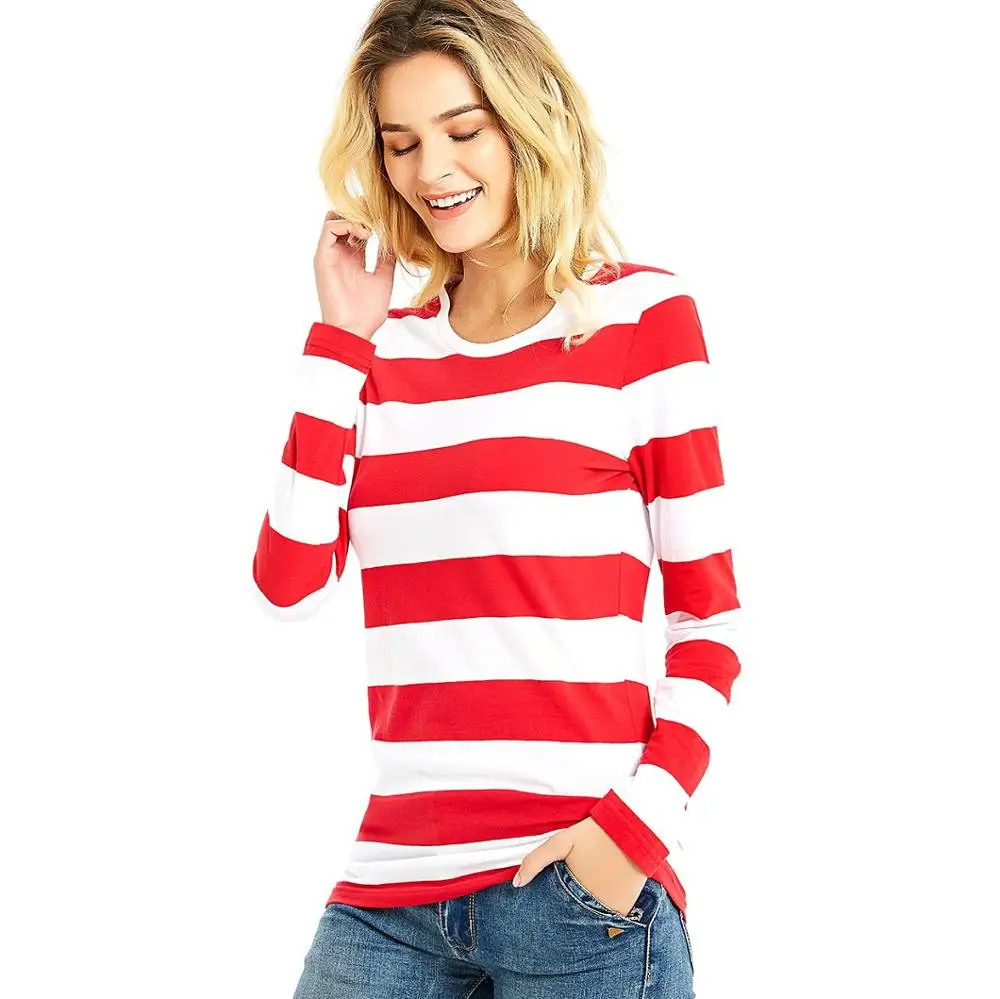 hoofdkussen Afspraak Dag Red White Striped T Shirt For Women Round Neck Long Sleeve Tees For Women  Colorful Stripes Summer Casual Autumn - T-shirts - AliExpress