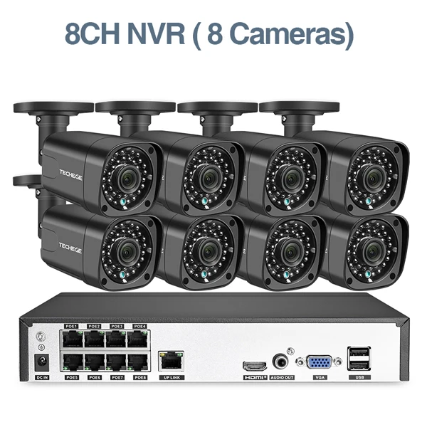 8pcs cameras Techege H.265 8Ch 4MP POE NVR CCTV камера системы 4MP POE ip-камера 2560*1440 Открытый водонепроницаемый комплект видеонаблюдения - Цвет: 8pcs cameras