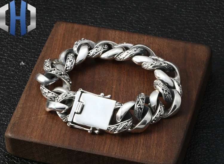 

S925 Sterling Silver Fashion Domineering Exaggerated Men's Bracelet Korean Personality Wild Thai Silver Thick Bracelet Jewelry