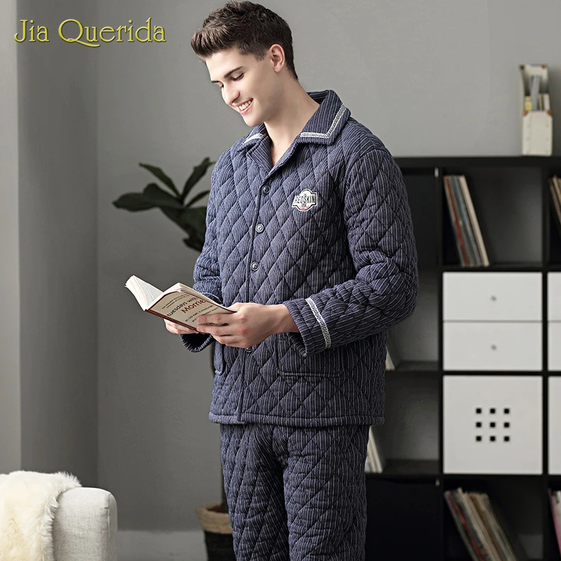 Precioso Aterrador Destello Pijamas de invierno para hombre, trajes para el hogar, 100%, de tela de  algodón, 3 capas acolchadas gruesas y cálidas pijamas de lujo delanteros  con insignia a rayas azul real|Sets de pijama