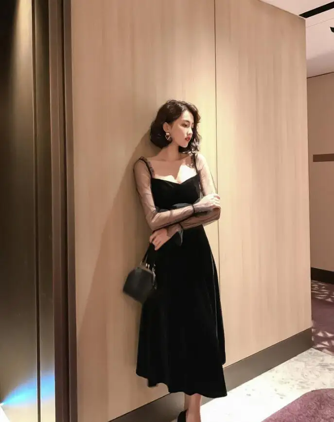Осенне-зимнее винтажное черное бархатное платье Хепберн сексуальное Сетчатое платье миди с длинными рукавами женская одежда для вечеринки Vestidos