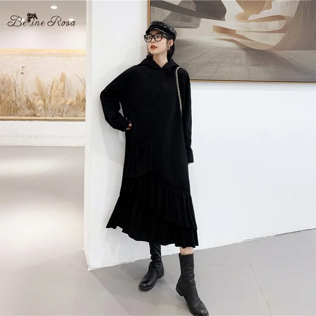 black BelineRosa Принцесса в стиле каскадных оборок Элегантные женские зимние платья Осень-зима стекаются платье M, L, XL, XXL HM000004 - Цвет: black