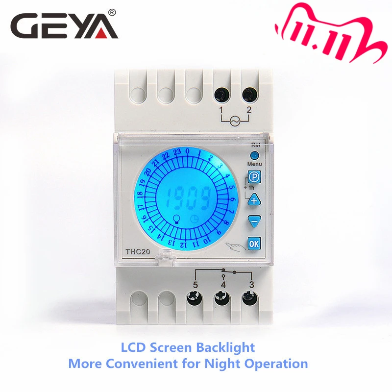 

GEYA 24 Hours Programmable Time Control Switch 20A AC220V with Big LED Light Sceen Daylight Saving Timer Electronic THC-20-1C