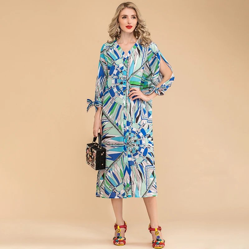 LD LINDA DELLA Autumn Fashion Loose Plus Size Dress Designer Women V-Neck Single-breasted Print Holiday Vintage Midi Dress