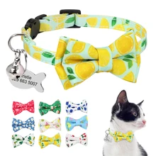 Coleiras gravadas costume da identificação do cão do filhote de cachorro com bowknot do sino para gatos pequenos colar impresso bonito do gatinho do gato da liberação rápida