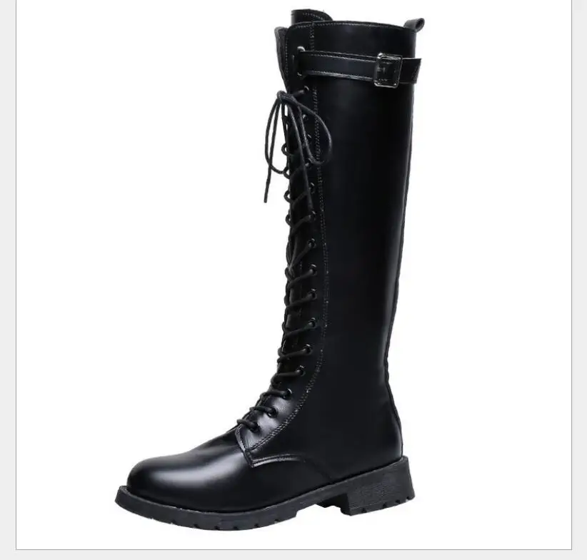 Classic Fashion Black Buckle Strap Long Boots Winter Lace-Up Shoes Women High-Heeled Women Knee-High Long Tube Zipper Boots