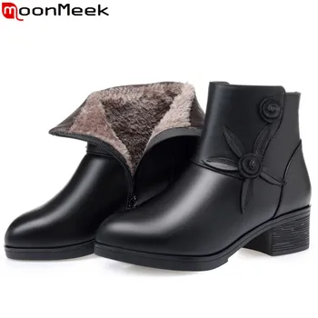

MoonMeek size 35-43 new genuine leather snow boots keep warm ladies ankle boots square heels sheep wool winter boots 2020