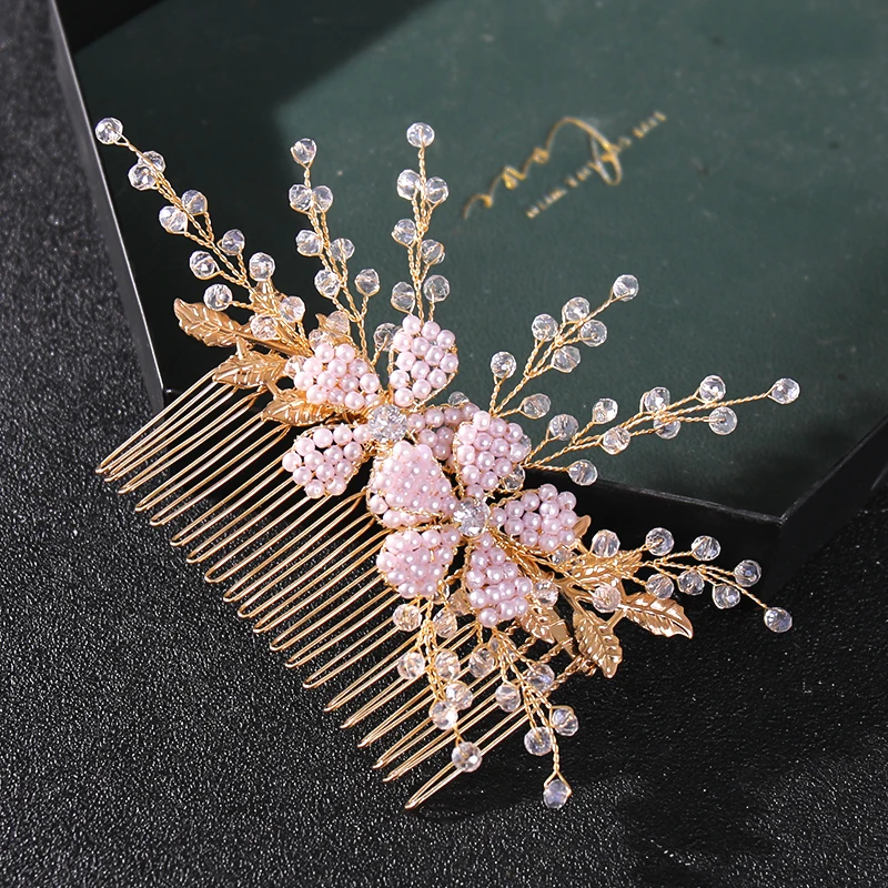 

New Simulated Pearls Wedding Hair Combs Crystal Gold Flowers Leaf Women Bridal Headpiece Party Hair Ornaments Handmade Jewelry