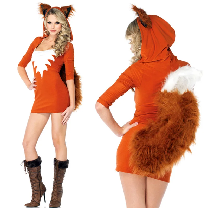 Leuke Oranje Staart Vos Dier Vrouwen Kostuums Slanke Bodycon Jurken Carnaval Party Faux Fur Kostuum|costume halloween costumescostume women -