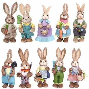 

Easter Decorations Artificial Straw Easter rabbit with egg ribbon stand decoration DIY Garden Ornament Desktop Decor Supplies