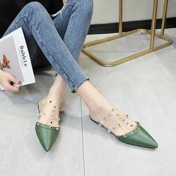 

2020 new Women slippers outside spring Half drag one pedal Stylish rivet tip comfortable flat fresh Elegant dating shoes U24-96
