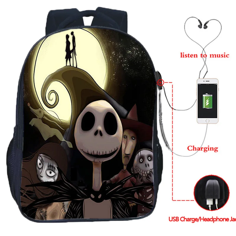 Высокое качество кошмар до Рождества USB зарядка школьный рюкзак для мужчин и женщин мальчиков девочек школьная сумка модный рюкзак для ноутбука