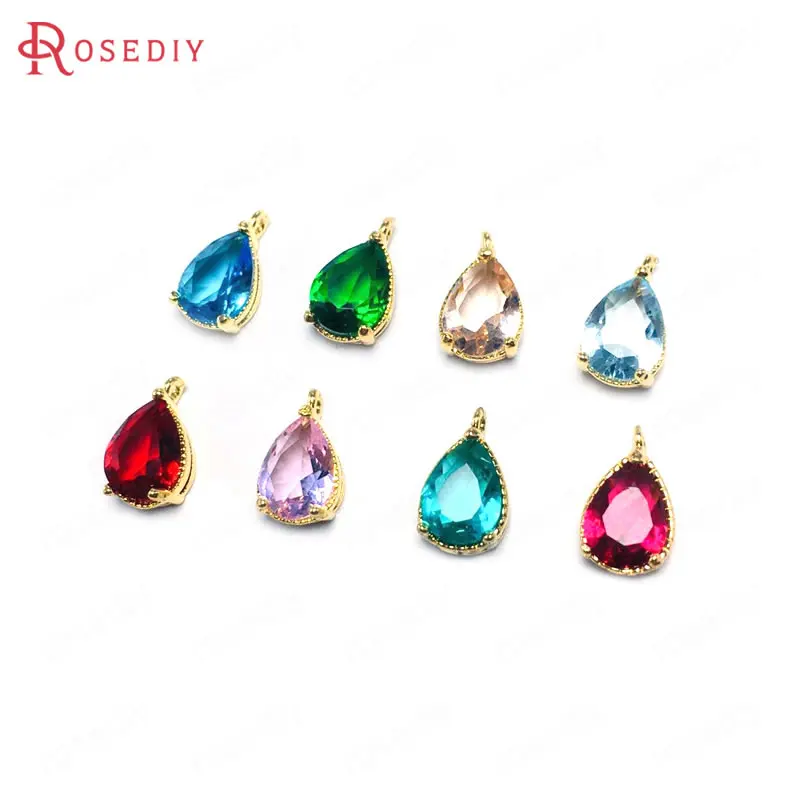 (38404)10PCS 6x8MM 24K Champagne Gold Color Brass and Glass Drop Shape Charms Pendants High