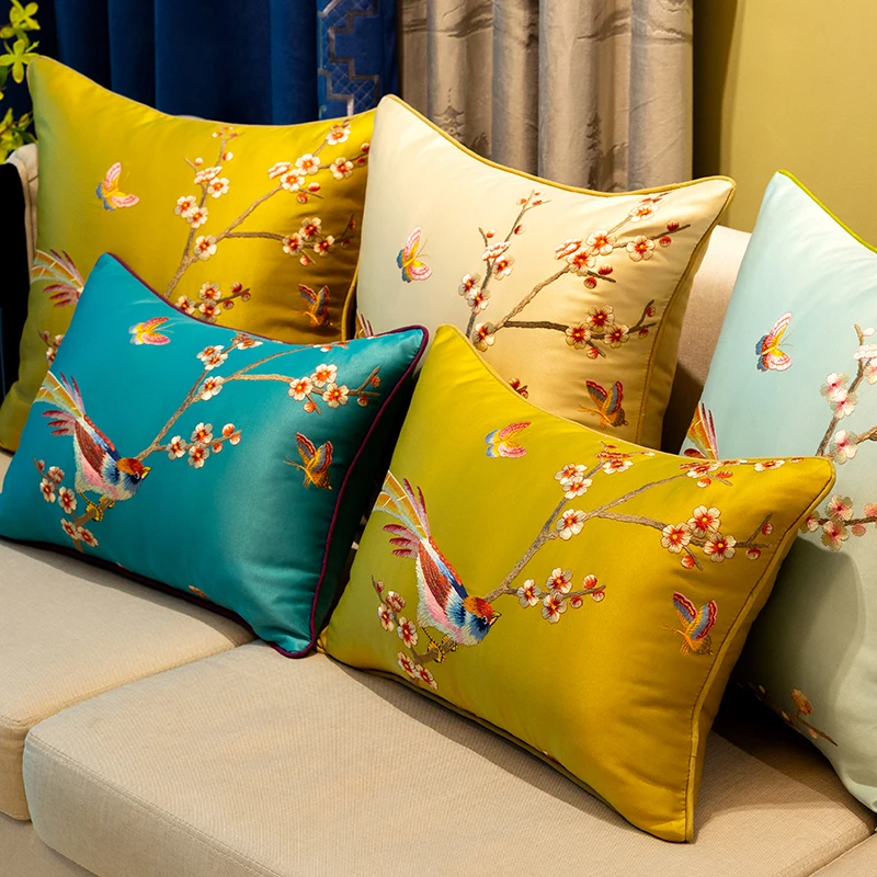 DUNXDECO Cushion Cover Decorative Pillow Case Modern Chinese Orioles Butterfly Flora Luxury Embroidery Coussin Sofa Decorating